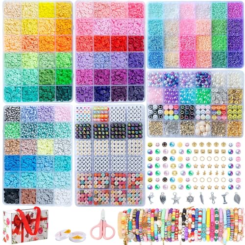 SJZWSD 6-Box Friendship Bracelet Making Kit - 16,000pcs Clay Beads, Seed Beads &#x26; Glass Beads Collection, Letter Beads, Charms
