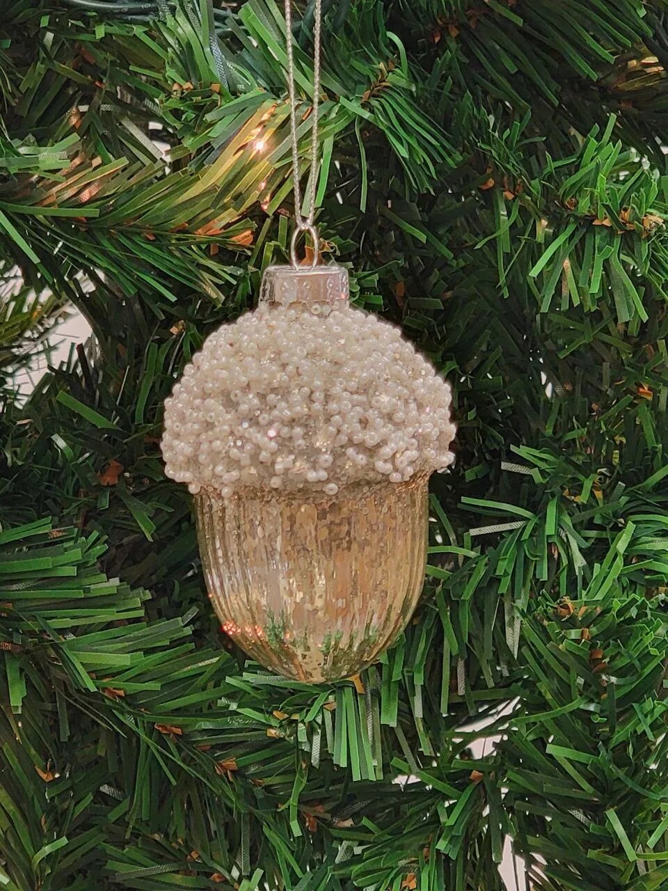 Cream Glitter Acorn Glass Christmas Ornament F07M7-17-LH76-23167