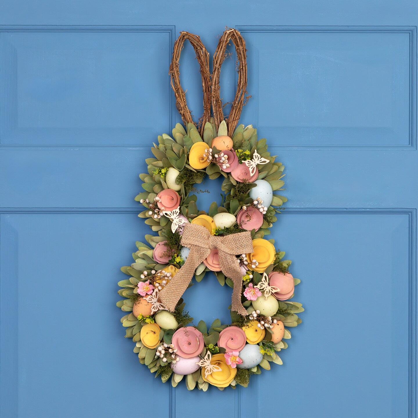 Northlight Shaved Wood Flowers Bunny Rabbit Silhouette Easter Wreath - 24"