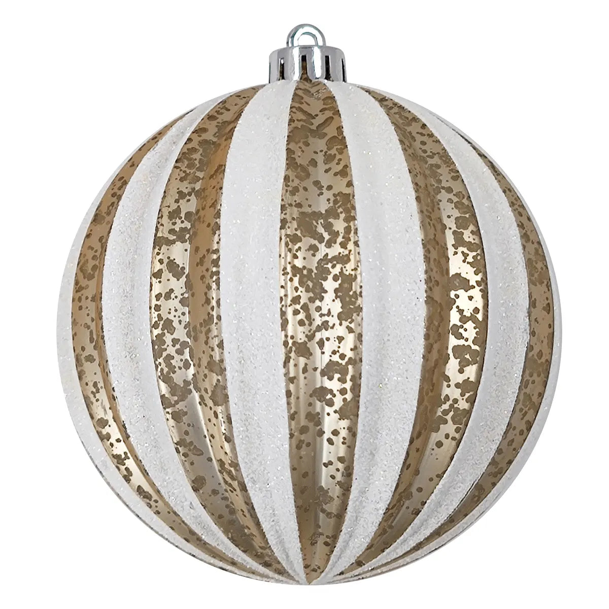 4&#x22; Gold &#x26; White Striped Christmas Shatterproof Ornament &#x2013; Glitter Holiday Ball Decoration Set of 4