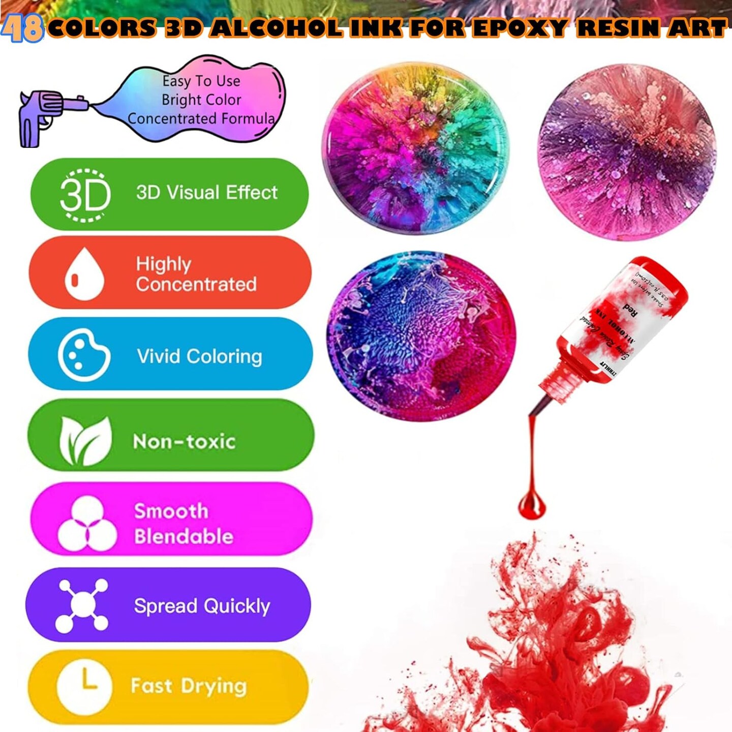 Alcohol Ink Set – 48 Bottles, Vibrant High-Concentration Alcohol-Based Inks, 10ml Each, Perfect for Resin Art, Coasters, Tumblers, Petri Dishes, and Fluid Painting