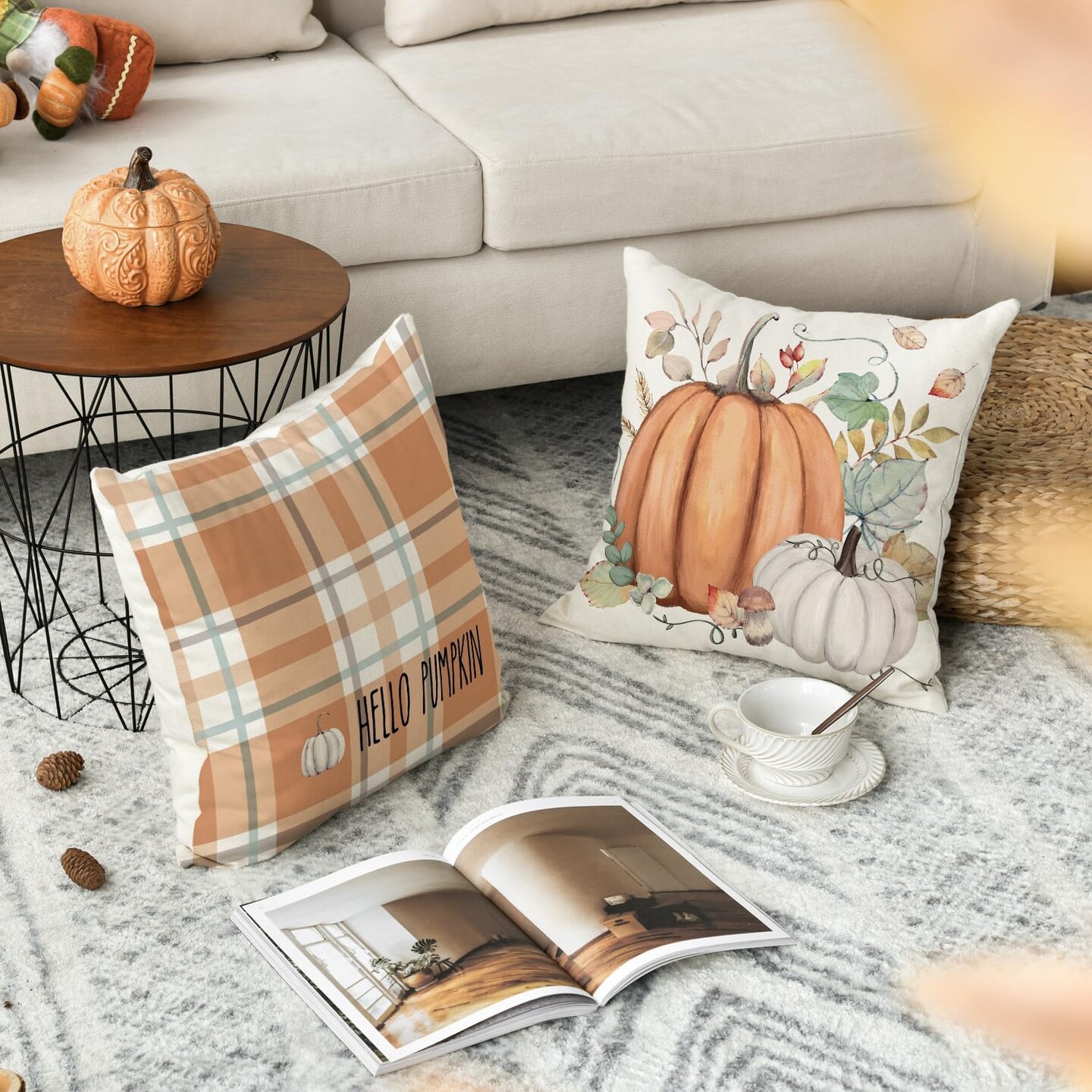 Set of 4 - Hello Fall Hello Pumpkin Throw Pillow Covers, 20 x 20 Inch