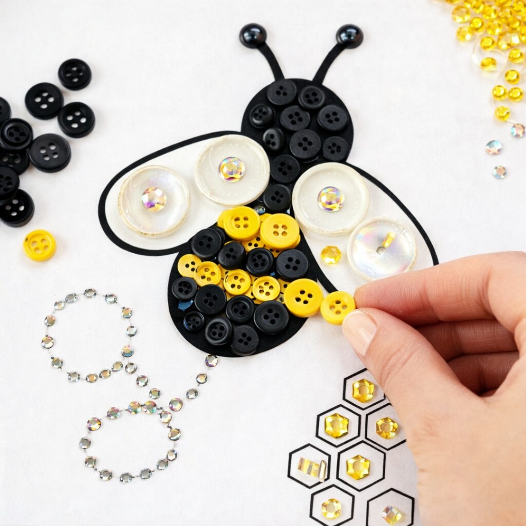 Bumble Bee Button Art Frame Kit, Honeycomb Design, Gingham Trim by Buttons Galore