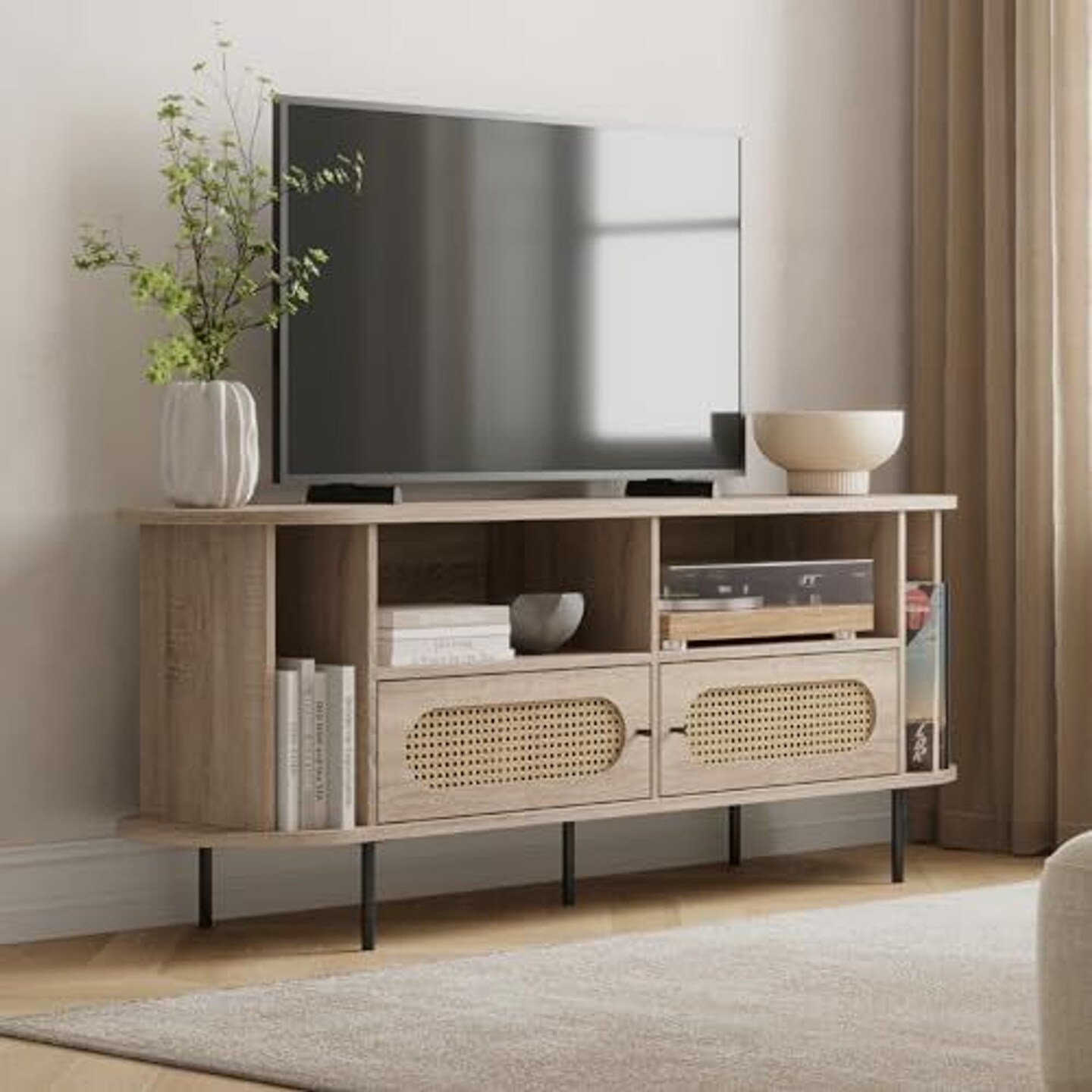 Stead Oval Rattan TV Stand, Media Console, 63&#x22; TV Entertainment Center with Storage, Table for Living Room and Bedroom, Supports 32 to 65&#x22; TVs, Soft-Close Cabinet Doors, TVs Console Retro (Light Oak)