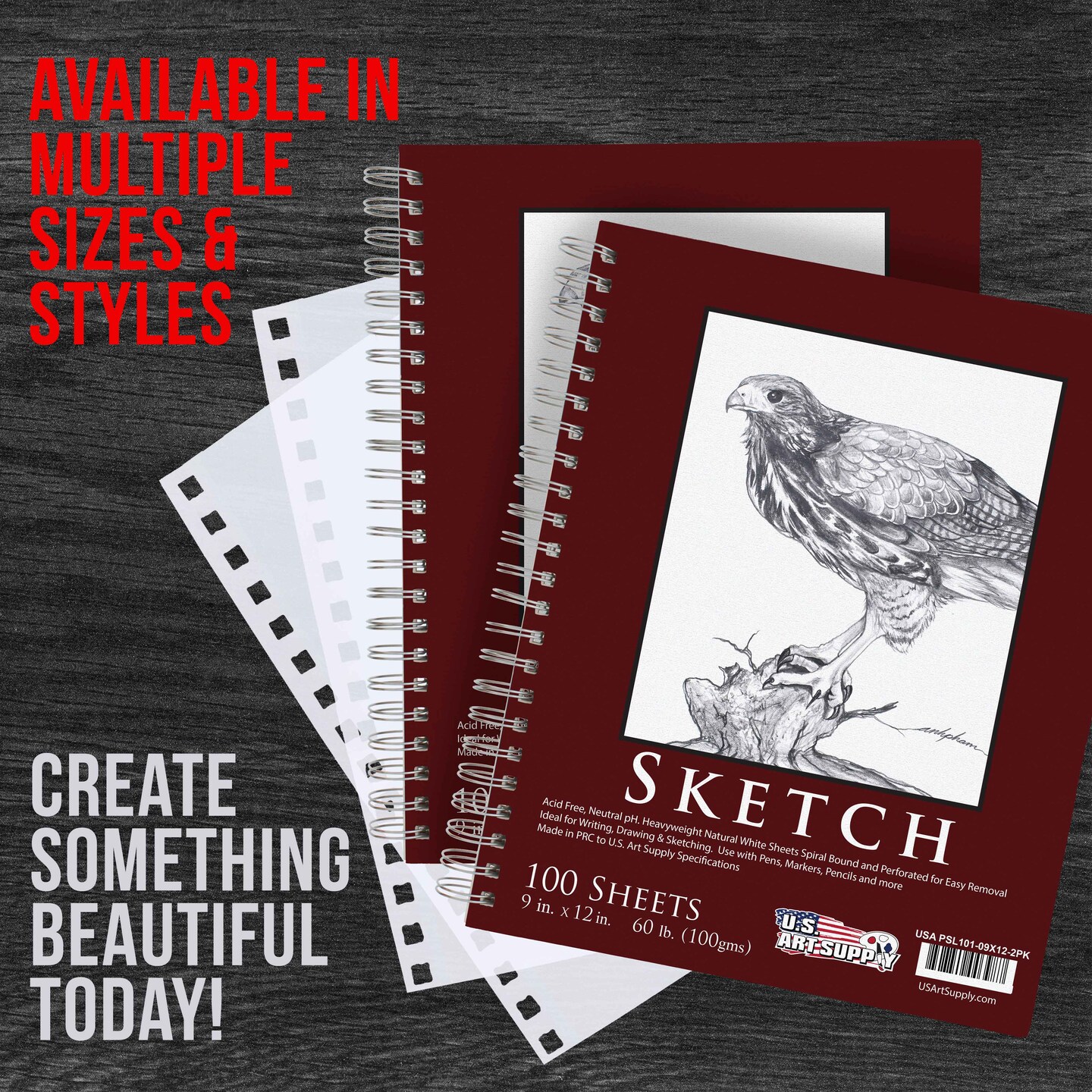 9&#x22;x12&#x22; Sketch Book Pad, 2 Pack (100 Sheets Each), 60lb (100gsm) Spiral Bound - Sketching, Drawing Pad, Acid-Free Paper - Sketch Pads For Adults, Students: Colored Pencils, Charcoal