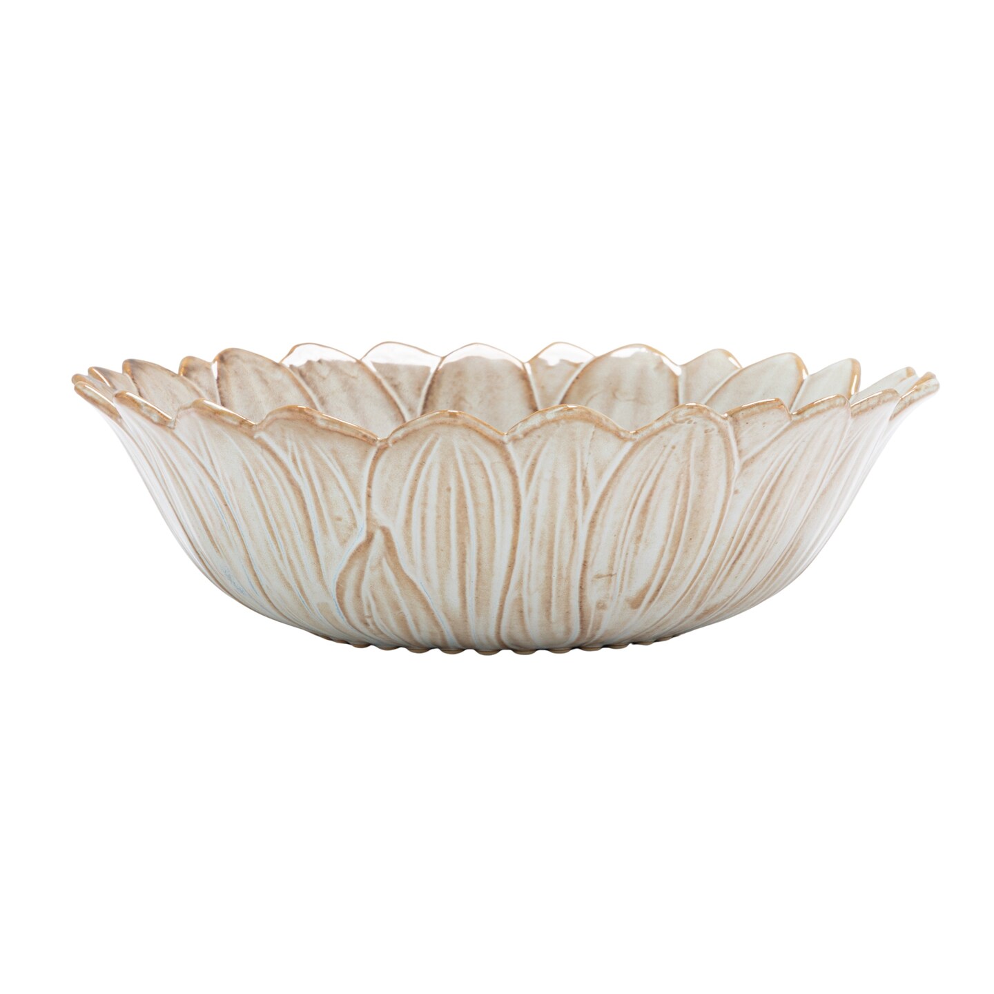 Hello Honey Flower Shaped Stoneware Bowl in Reactive Glaze, White and Blue