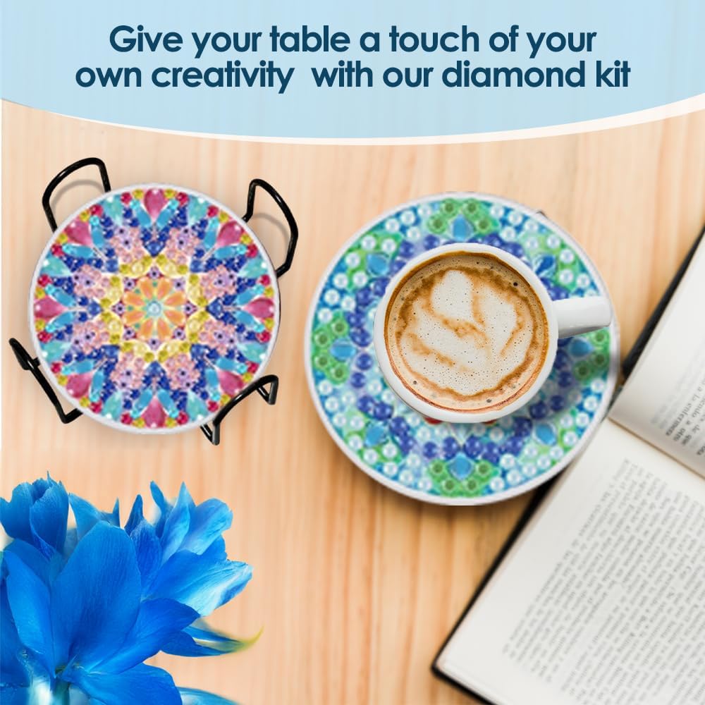 Diamond Art Coasters kit, 6 Pieces with Metal Holder, 4 Inch Round Multicolor Floral Design, Set of 6, Cup Mats for Home Decoration, Winter Gifts, Non-Slip