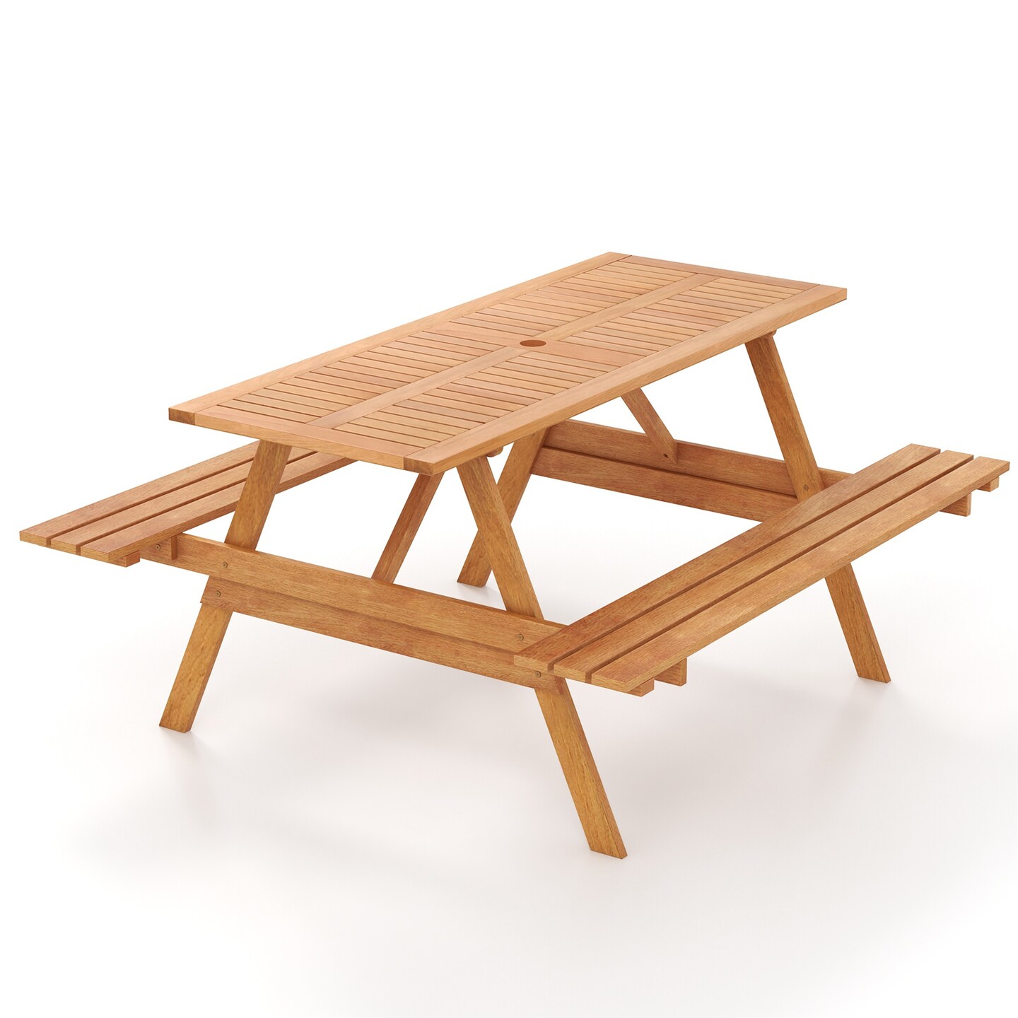 Natural Patio Picnic Table Set for 6 with Built-in Benches and Umbrella Hole