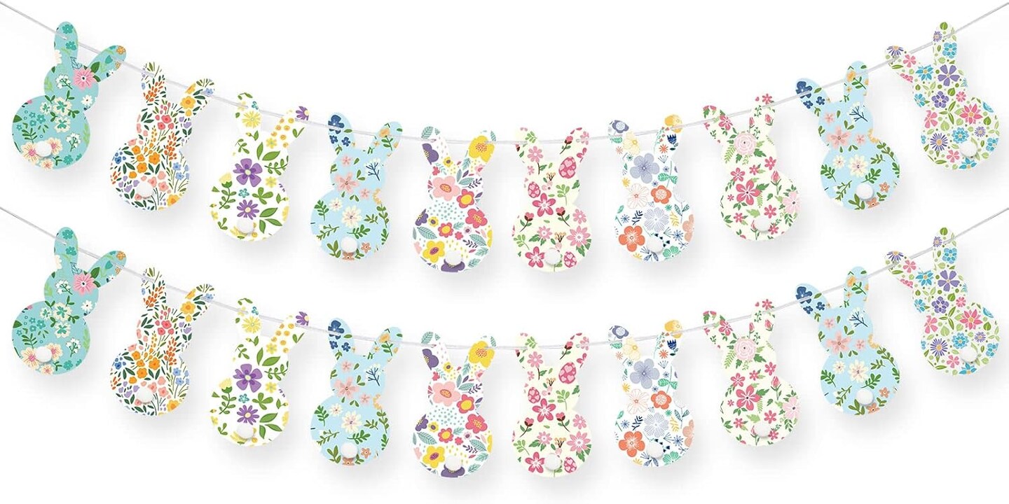 Easter Paper Banner – 20 Pcs Vintage Floral Bunny Bunting Garland ...
