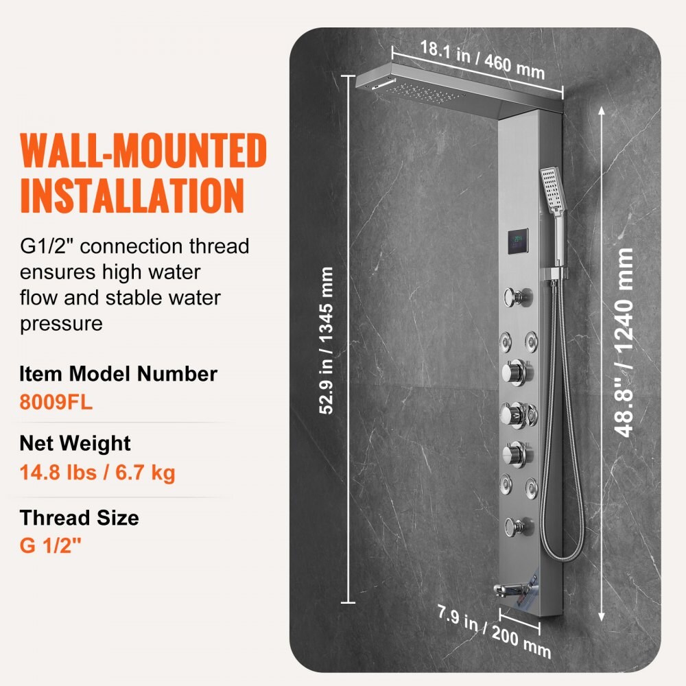 Stainless Steel Shower Panel Tower with Rainfall, Waterfall and 8 Jets