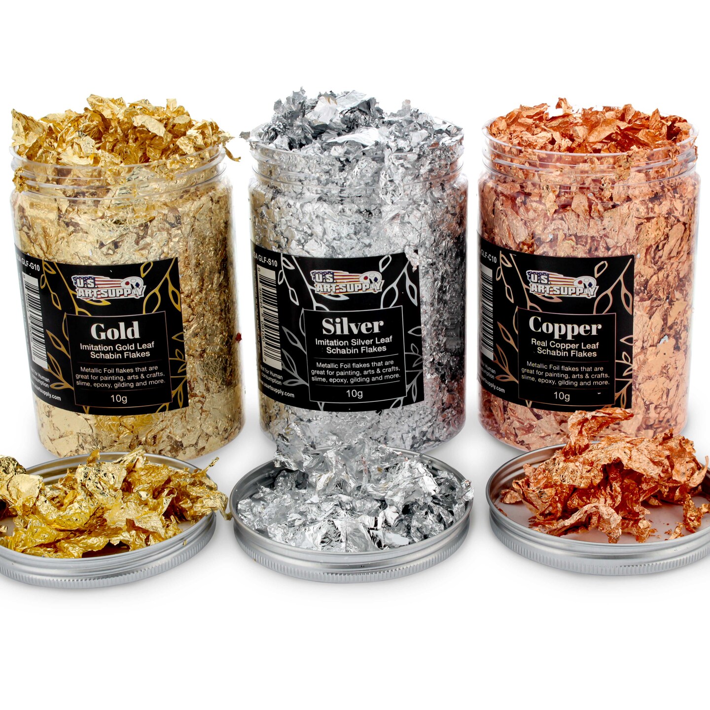 Metallic Foil Schabin Gilding Flakes (3 Pack), Imitation Copper, Silver & Gold 10 Gram Bottles - Metal Leaf Foil Flakes for Resin, Nails, Crafts, Painting, Jewelry, Slime