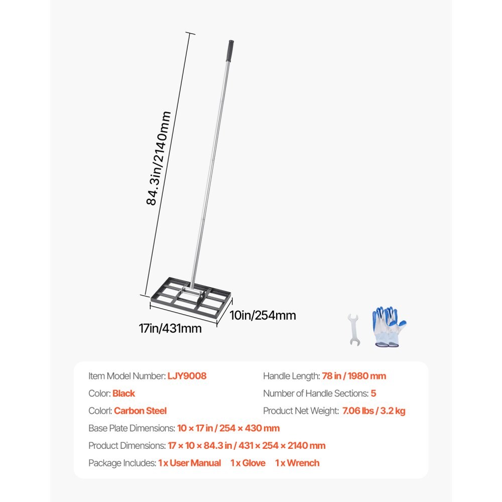Lawn Leveling Tool 78" Handle, 17x10" Plate, Effort-Saving Adjustable Rake