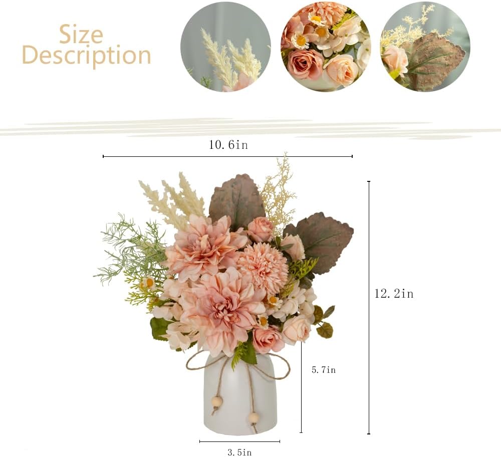 Spring Tabletop Decor – Artificial Dahlia & Hydrangea Flower Arrangement with Ceramic Vase, Silk Faux Flowers Centerpiece for Dining Table, Home & Office Decoration (Pink)
