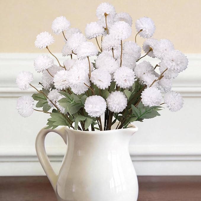 Artificial Flowers 12pcs Ball Chrysanthemums for Weddings Silk with Stemsdiy Champagne Bouquets Indoor and Outdoor Decoration Kitchen Table Decor (White)