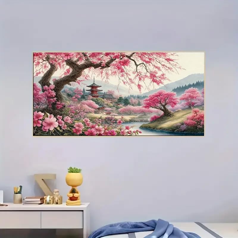 Large Size Cherry Blossom Trees Diamond Painting Kit, 5D DIY Diamond Painting Kits for Adults Landscape, Fun DIY Crafts for Adults, Round Diamond Art Canvas 27.5 X 15.7inch