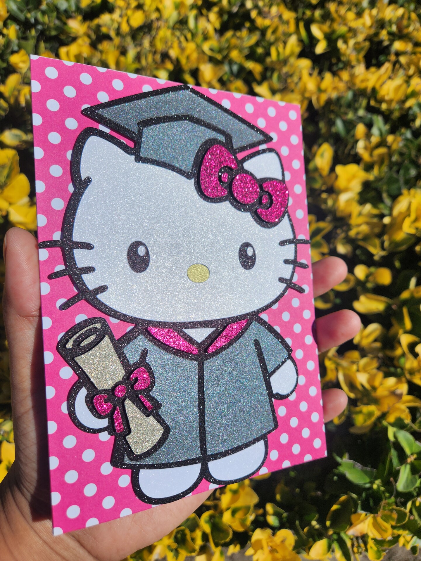 hello kitty grad card 5x7 Hello Kitty Cat Graduation and Birthday Card Pink, Purple Greeting Card  for Her Hello Kawaii Style Handmade Blank Inside with Envelope