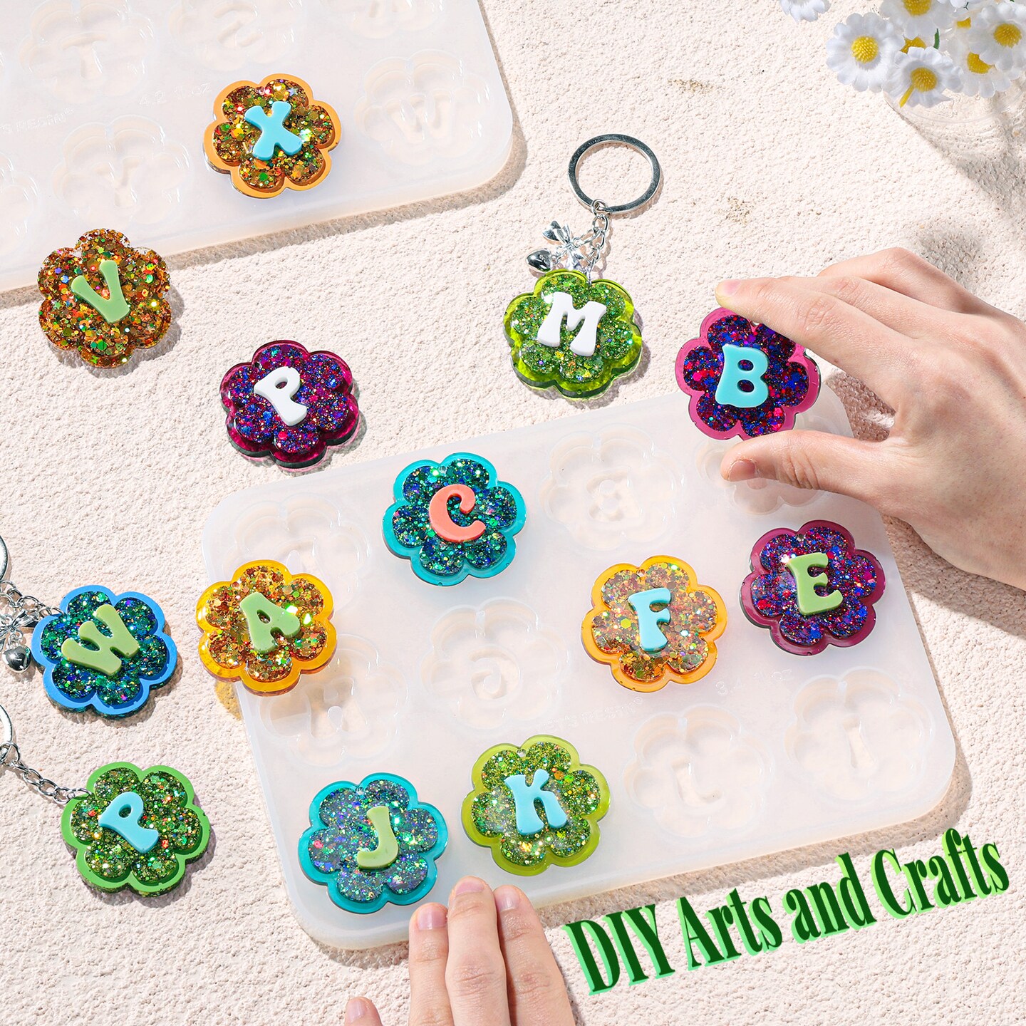 LET'S RESIN Keychain Resin Molds Silicone with Hole, 27 Cavities Flower Alphabet UV Resin Jewelry Pendant Molds kit for Beginner, Letter Epoxy Resin Molds for Keychain Pendant Jewelry Making