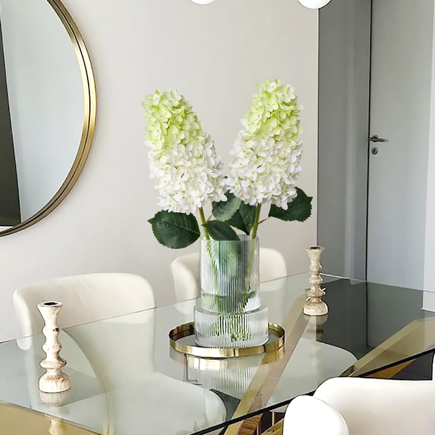 Spring Tabletop Decor – 2Pcs White & Light Green Silk Hydrangea Artificial Flowers, 31.5” Lifelike Faux Panicled Hydrangeas for Tall Vase, Table Centerpieces, Bouquets, Home Dec