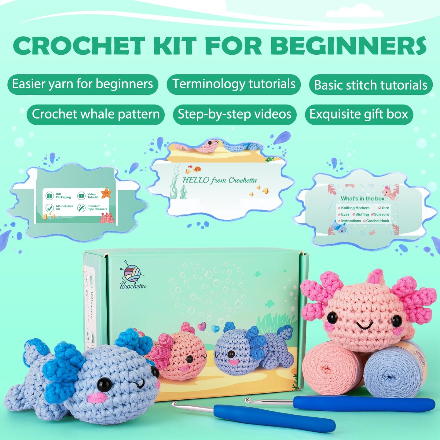Crochet Kit for Beginner, Crochet Starter Kit w Step-by-Step Video Tutorials, Crochet Kit for Beginners, Beginner Crochet Kit for Adults Kids Women Men Complete Kit Included (Axolotl 2Pack)
