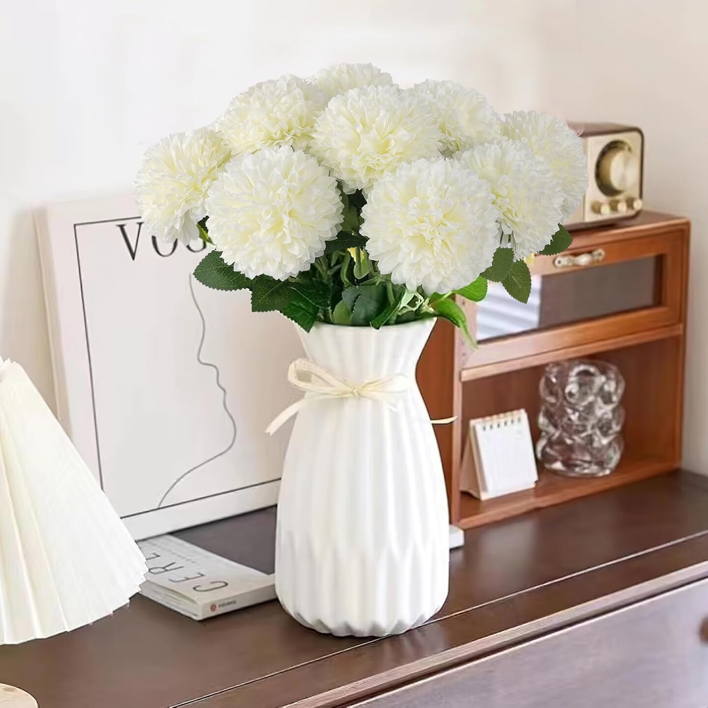 12 Pcs Artificial Chrysanthemums Flowers Ball Flower, Fake Mums Flowers White Silk Flowers for Spring Home Decor Indoor Floral Arrangement Table Centerpiece (12, White)
