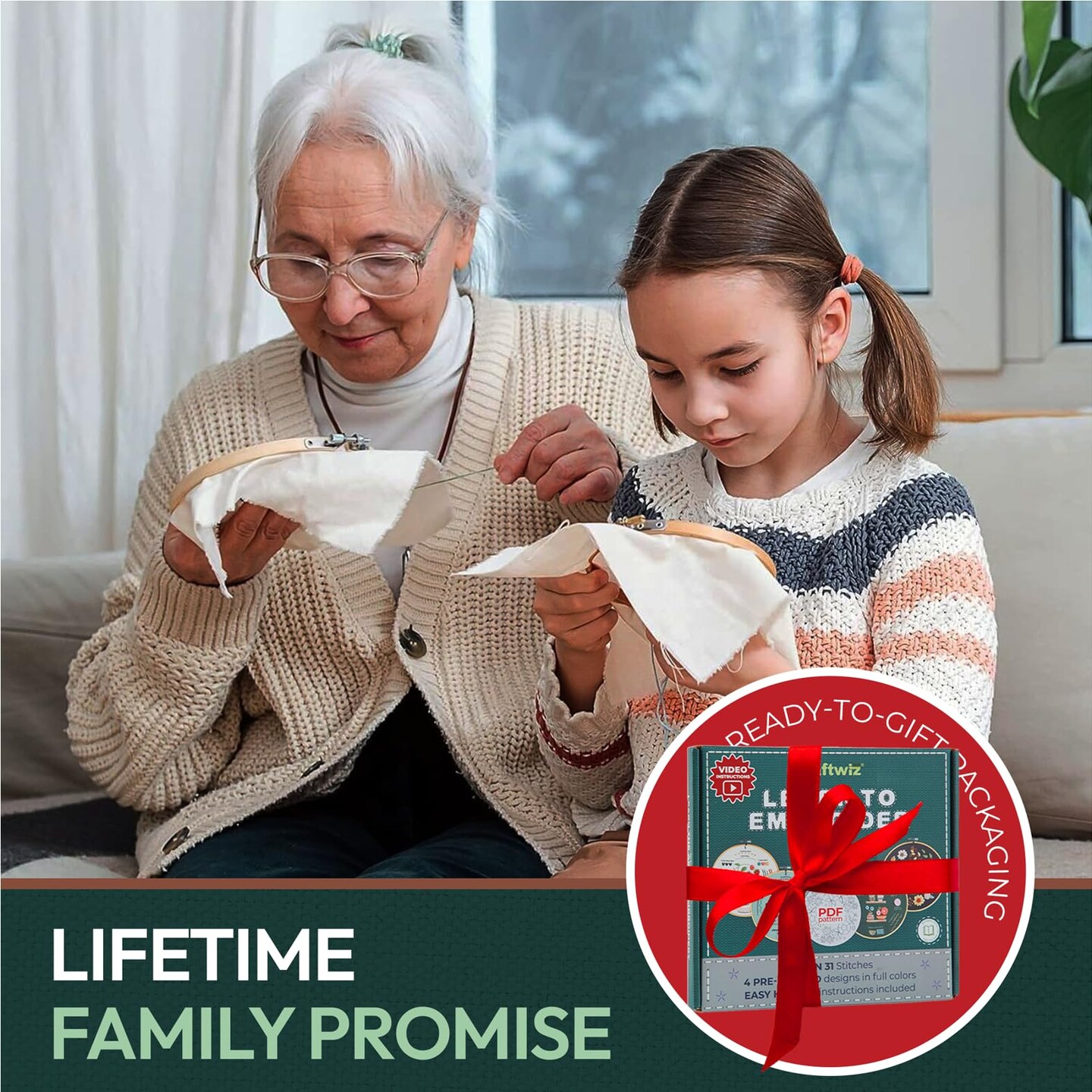 Craftwiz 4-Piece Starter Embroidery Kit for Beginners with Simple Patterns, Learn to Embroider 31 Stitches with Hand Embroidery Kit