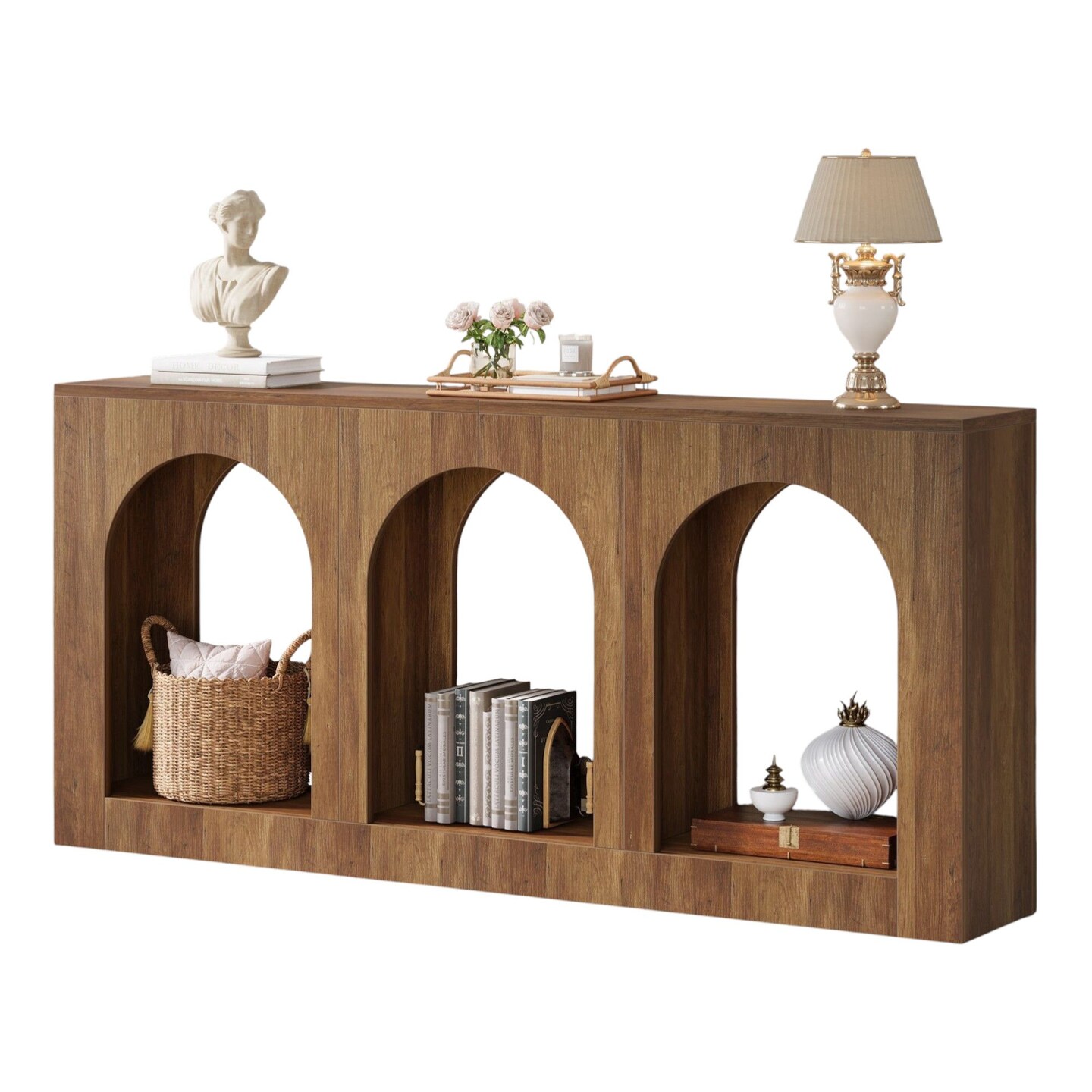 70.8" Arched Wood Sofa Table 3 Tier Entryway Console with Open Shelves