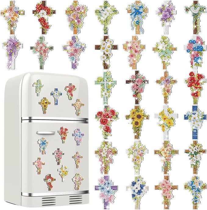 30 Pcs Easter Cross Diamond Art Kits Magnetic Religious Christians Diamond Painting Magnets Kits Crystal Cross Jesus 5d DIY Art Fridge Magnet Refrigerator Sticker for Adult Beginners Home Car Garage