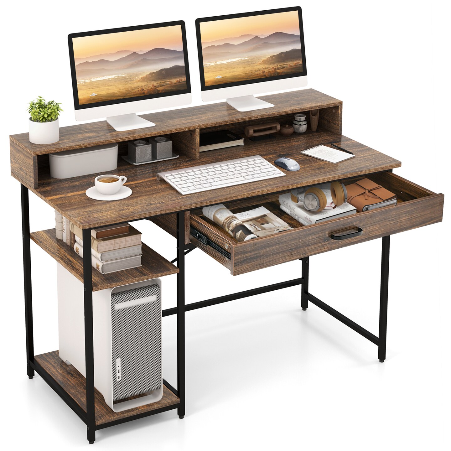 Writing Desk with Hutch, Drawer and Shelves, 42-inch Computer Desk with Power