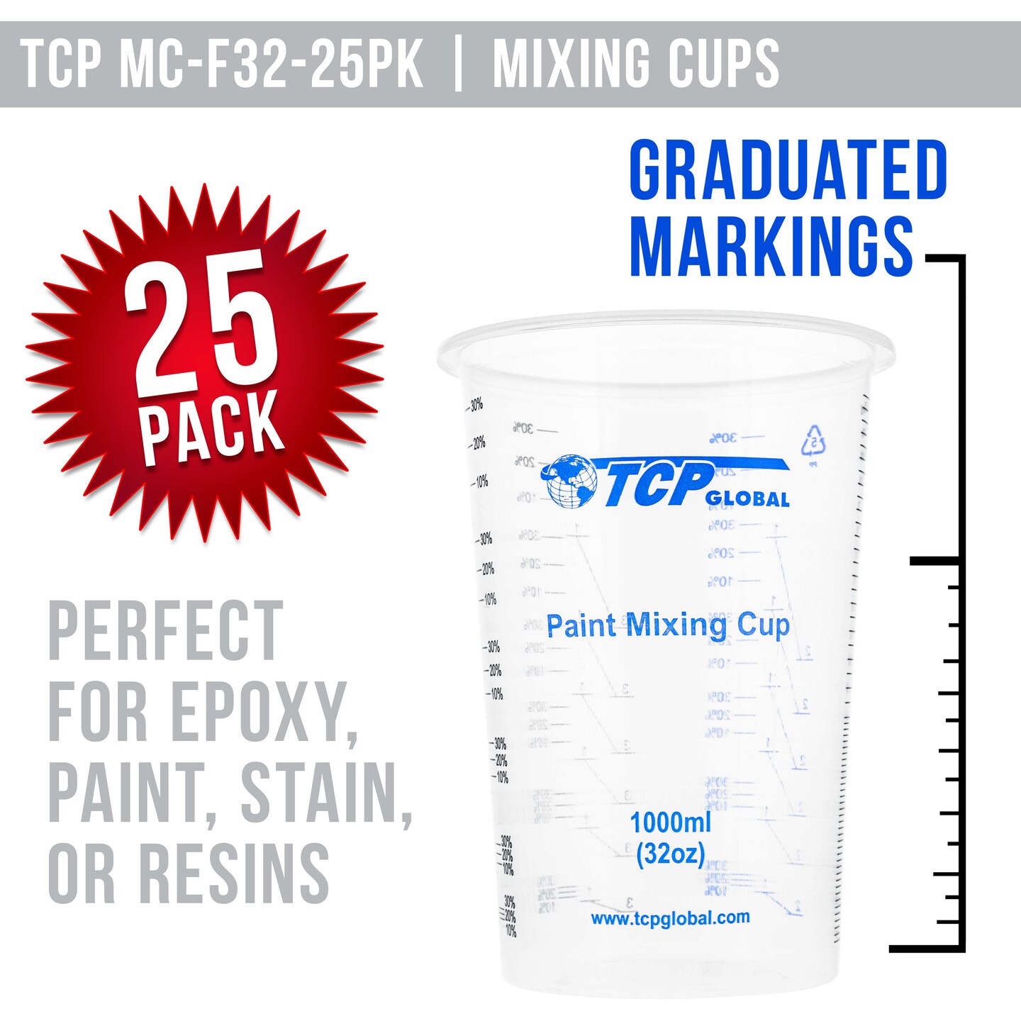 32 oz. (1000ml) Graduated Plastic Mixing Cups (Box of 25) - Disposable Plastic Measuring Cups for Liquids, Paints, Resin, Epoxy, Art, Kitchen - Ratios 2-1, 3-1, 4-1 ML