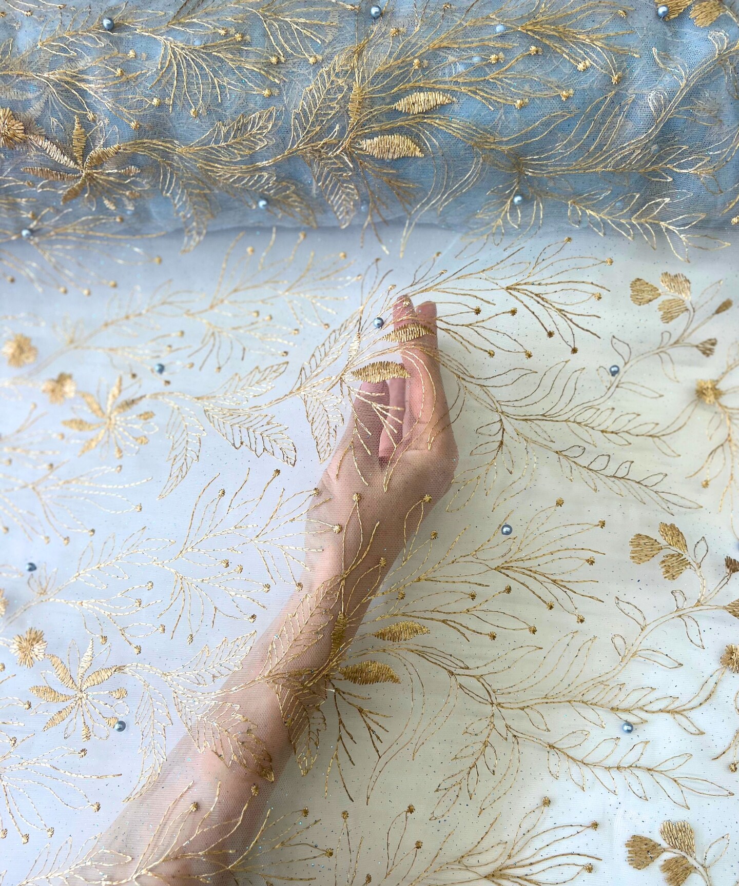 Blue/Gold Sequin Embroidered Lace Fabric by the Yard, 54" Wide Floral Mesh Lace with Double Scalloped Edges