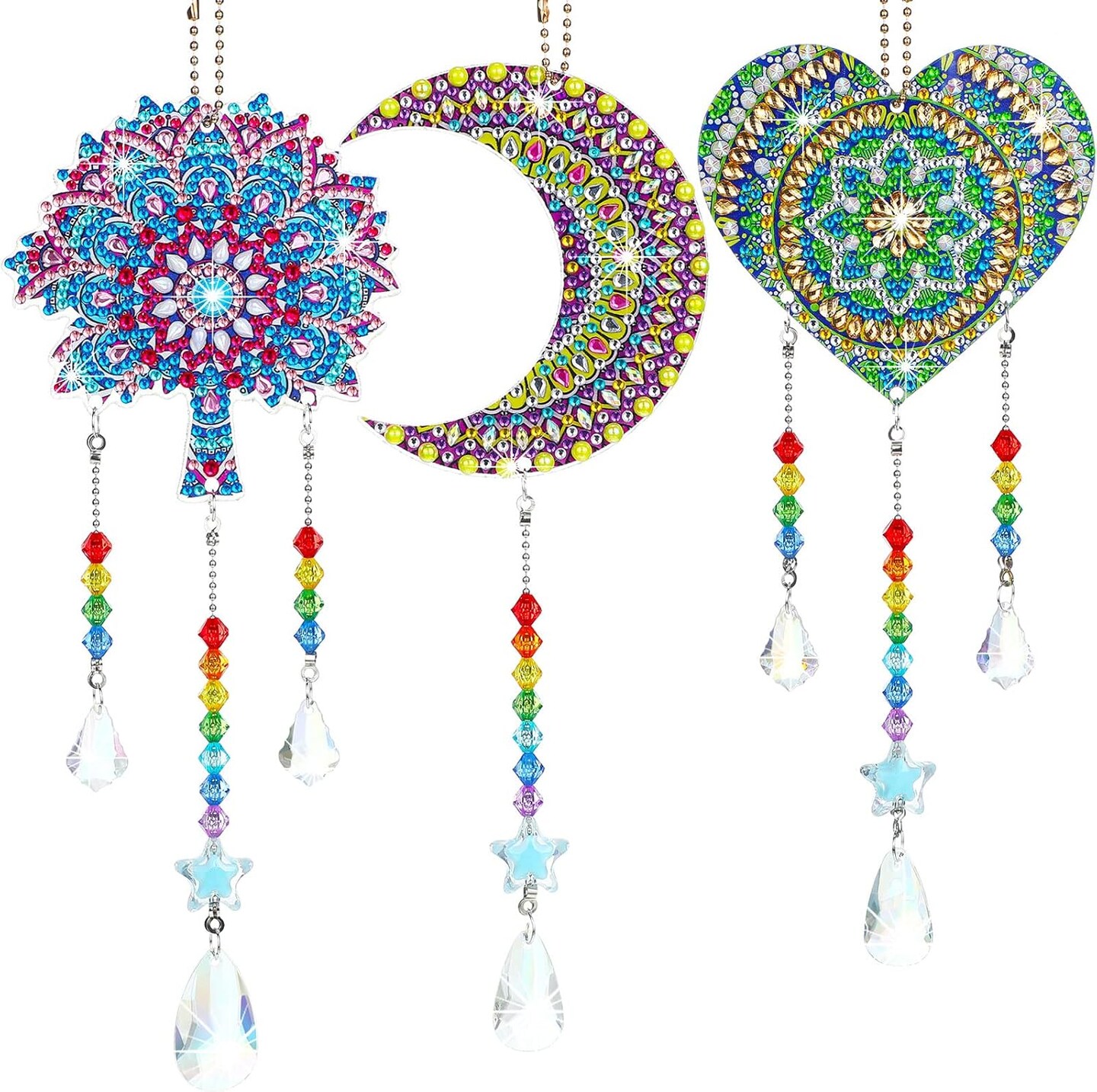 3PCS Diamond Art Suncatcher Wind Chime Kit – Double-Sided Crystal Diamond Painting Hanging Ornaments for DIY Crafts, Window & Garden Decor (Moon, Heart, Mandala)