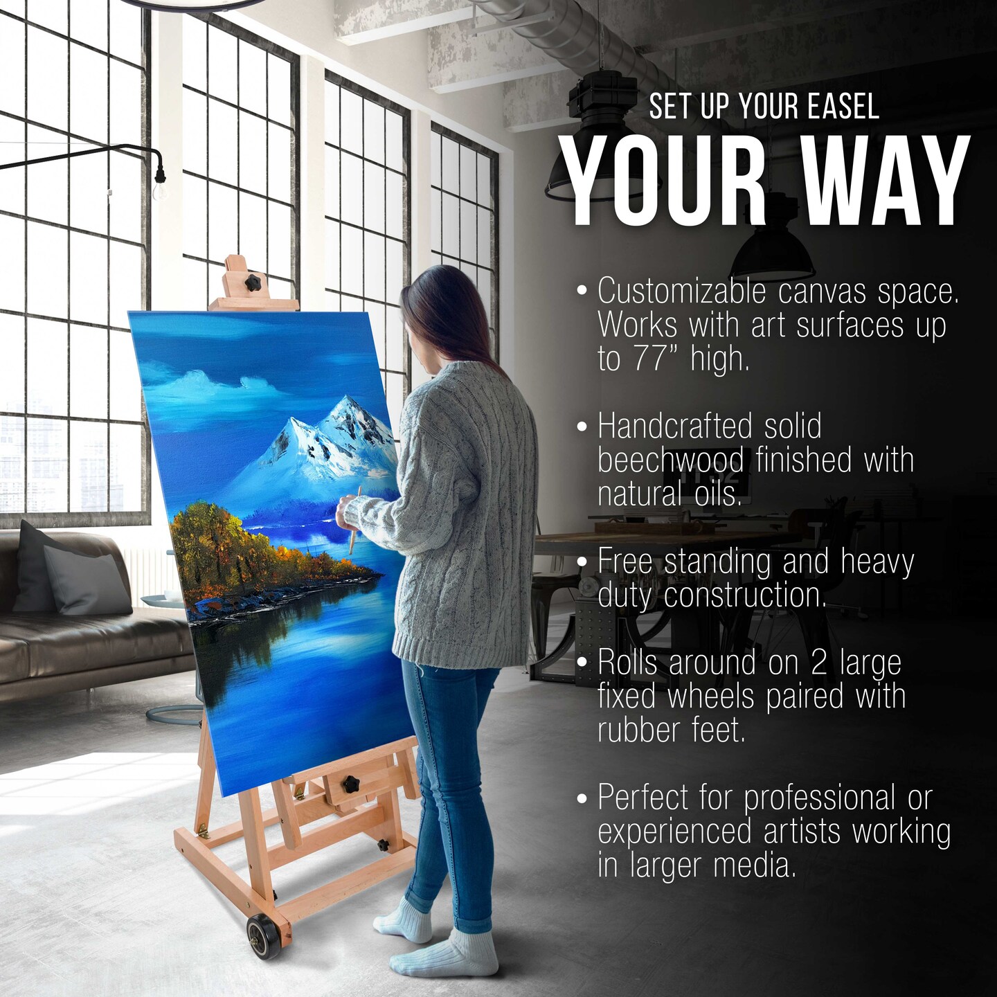 Master Multi-Function Studio Artist Wooden Floor Easel - Large Heavy Duty Adjustable H-Frame, Tilts Flat, Mast Adjusts to 97" High - Beechwood Painting Canvas Holder Stand with Wheels