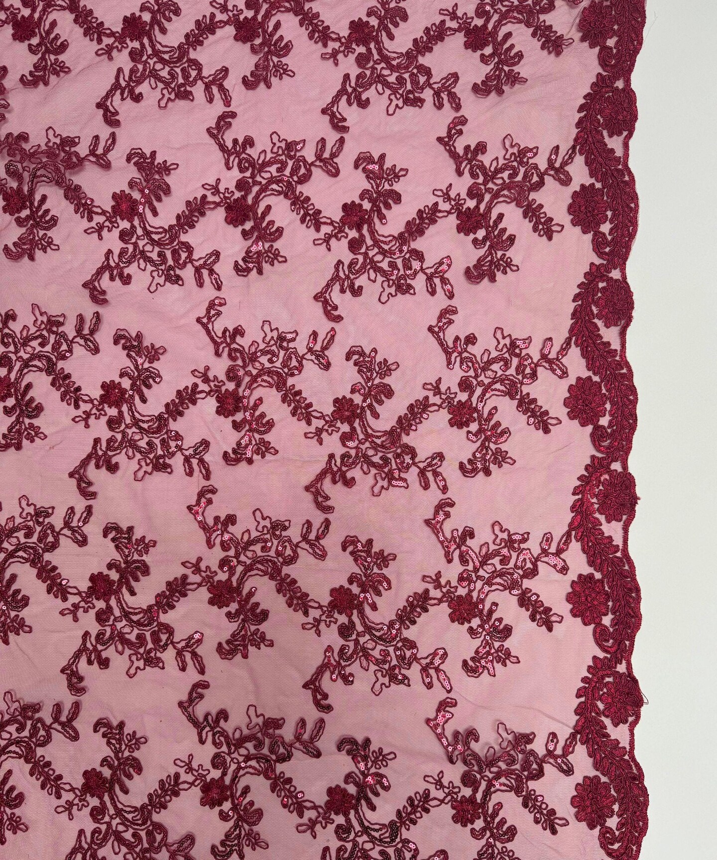 Burgundy Sequin Embroidered Lace Fabric by the Yard, 54" Wide Floral Mesh Lace with Double Scalloped Edges