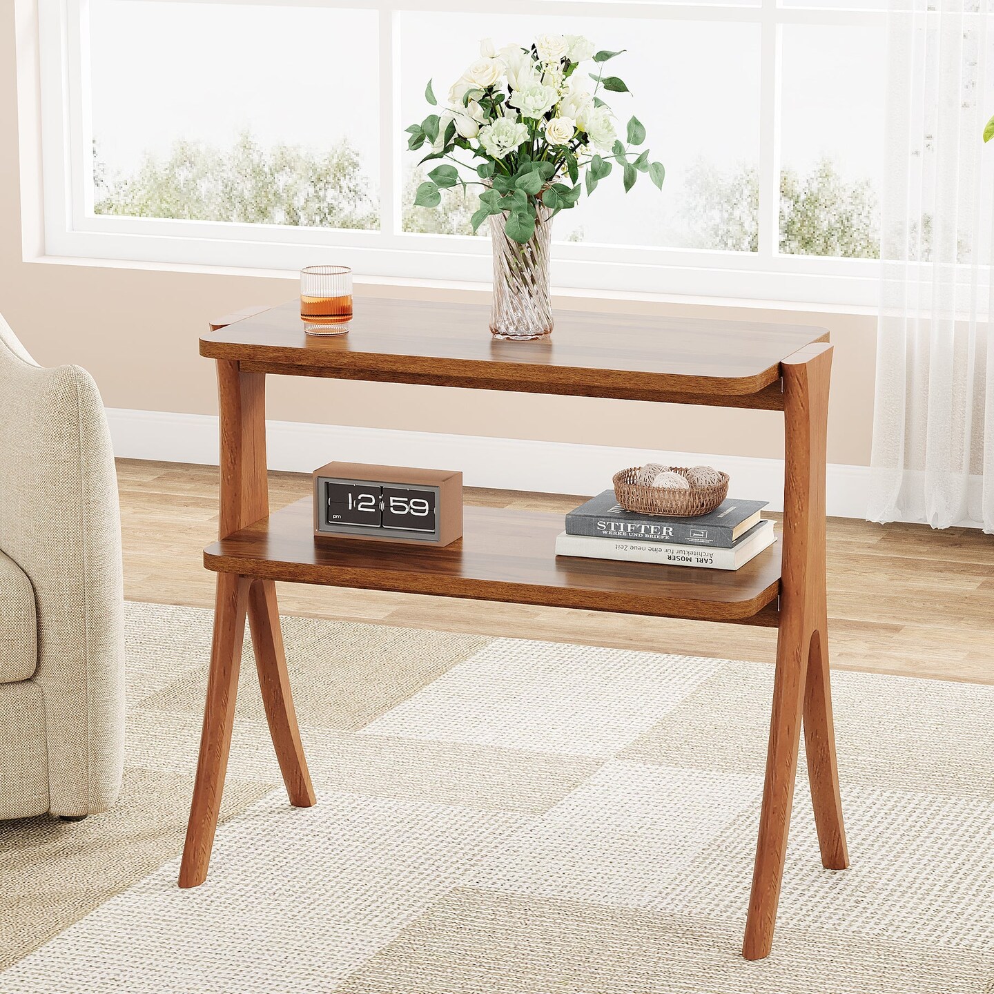 Modern End Table 2 Shelf Storage Rectangular Wood Frame Accent Table