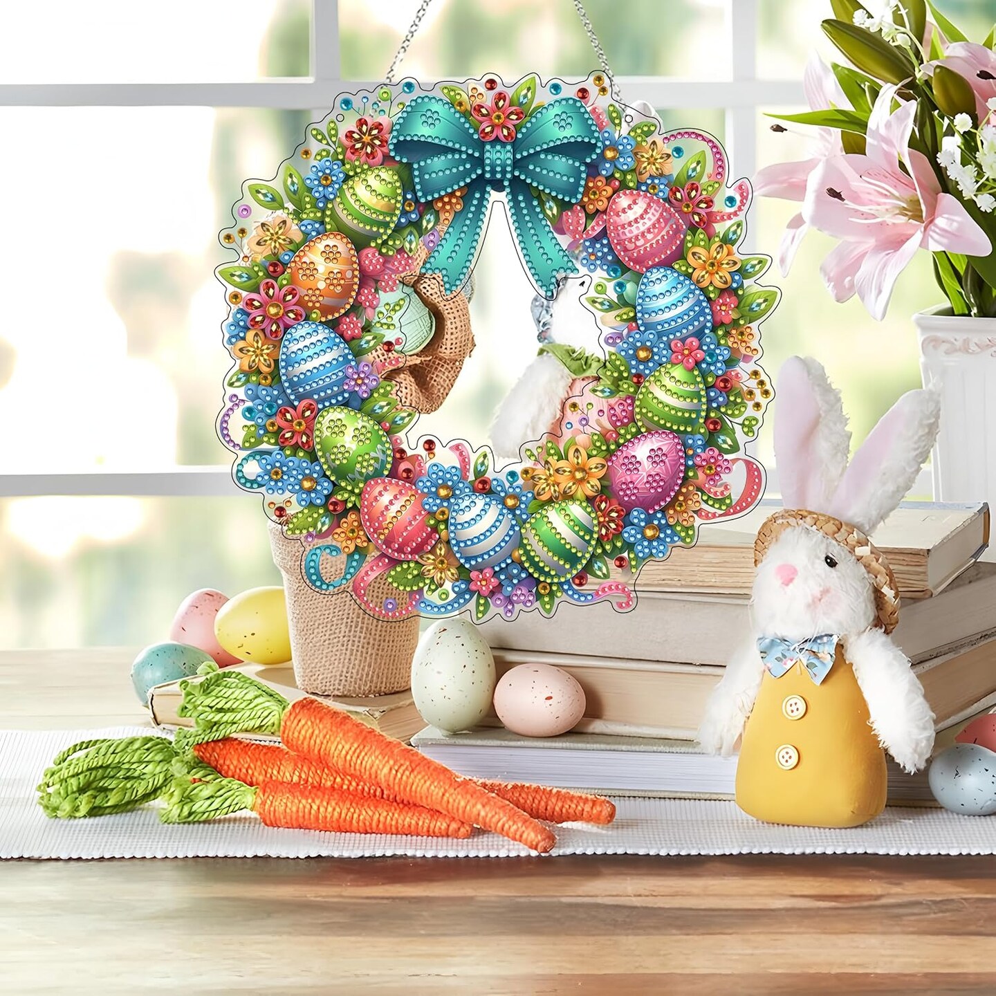 DIY Diamond Art Wreath Kit – Double-Sided Rhinestone Hanging Ornament – Window & Wall Decor for Home, Garden, and Gifts – Easter Wreath