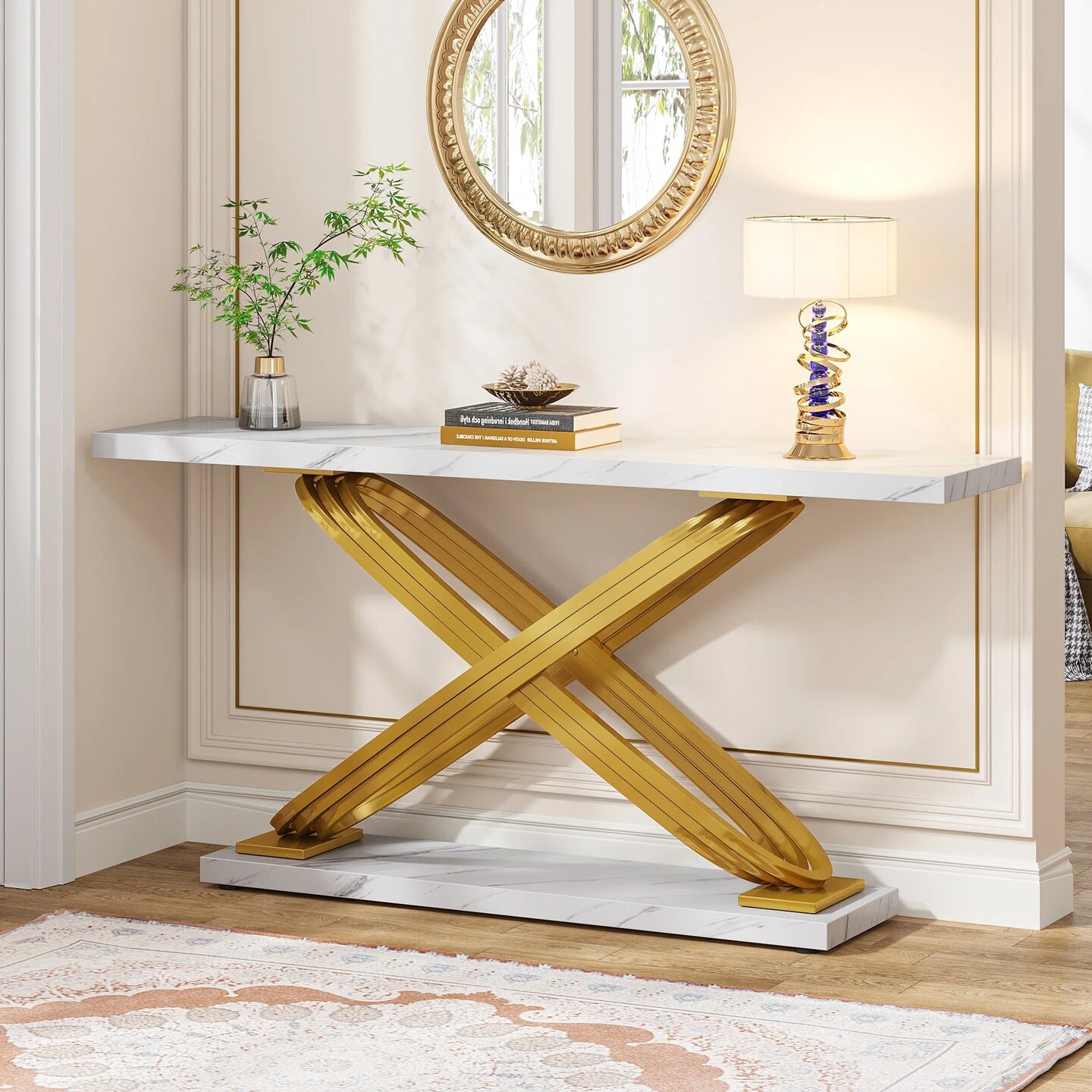 55" Entryway Console Table with Faux Marble Surface Modern Style