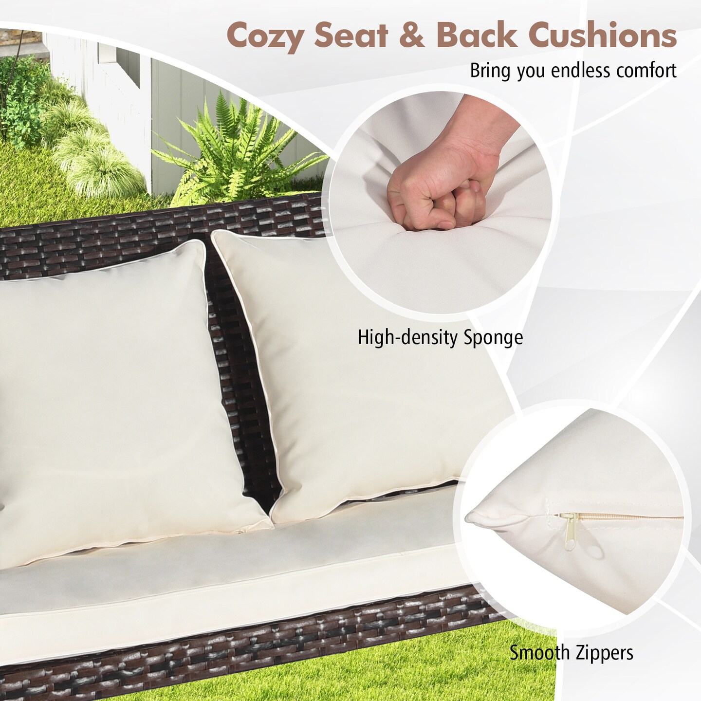 Patio Rattan Swing for 2 People with Comfortable Seat Cushions