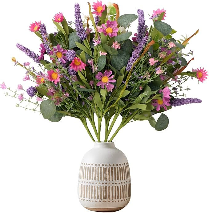 Artificial Faux Plants Flowers Indoor Spring Summer Decor, 6 Bundles Fake Silk Daisies Lavender Branches for Indoor Outdoor Wedding Office Party Hotel Home Decor, Vase Not Included