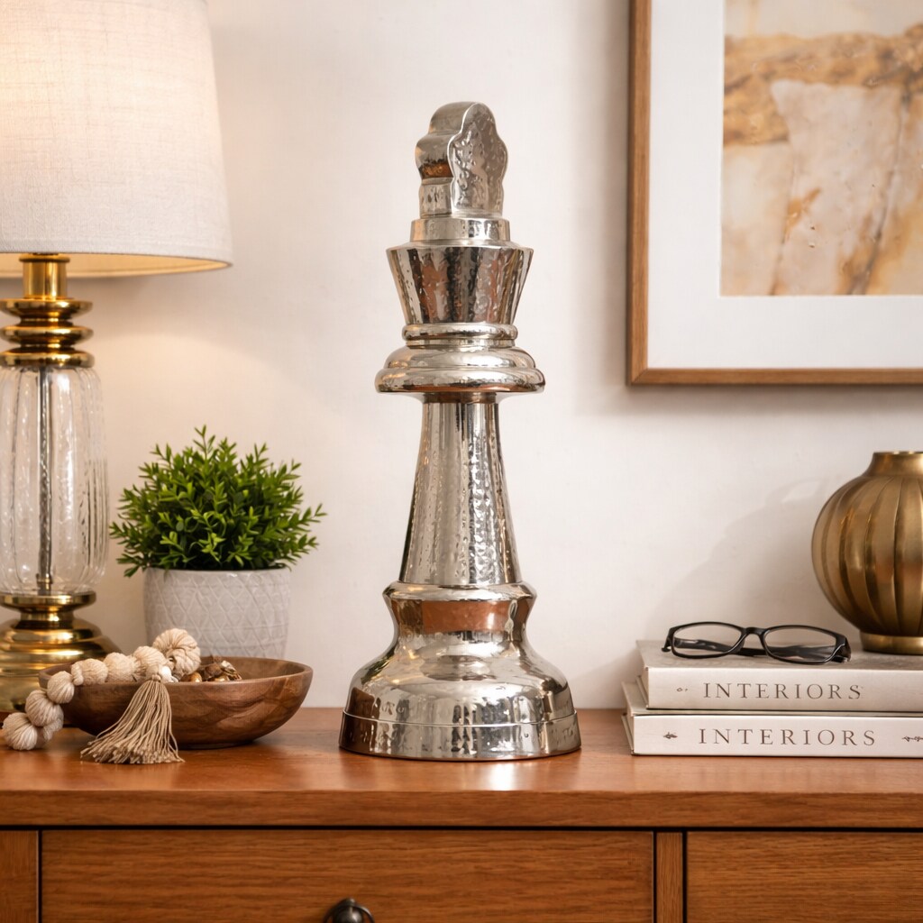 Decorative Hammered Nickel Finish Chess King Sculpture – Elegant Table Accent (5.5x5.5x14")