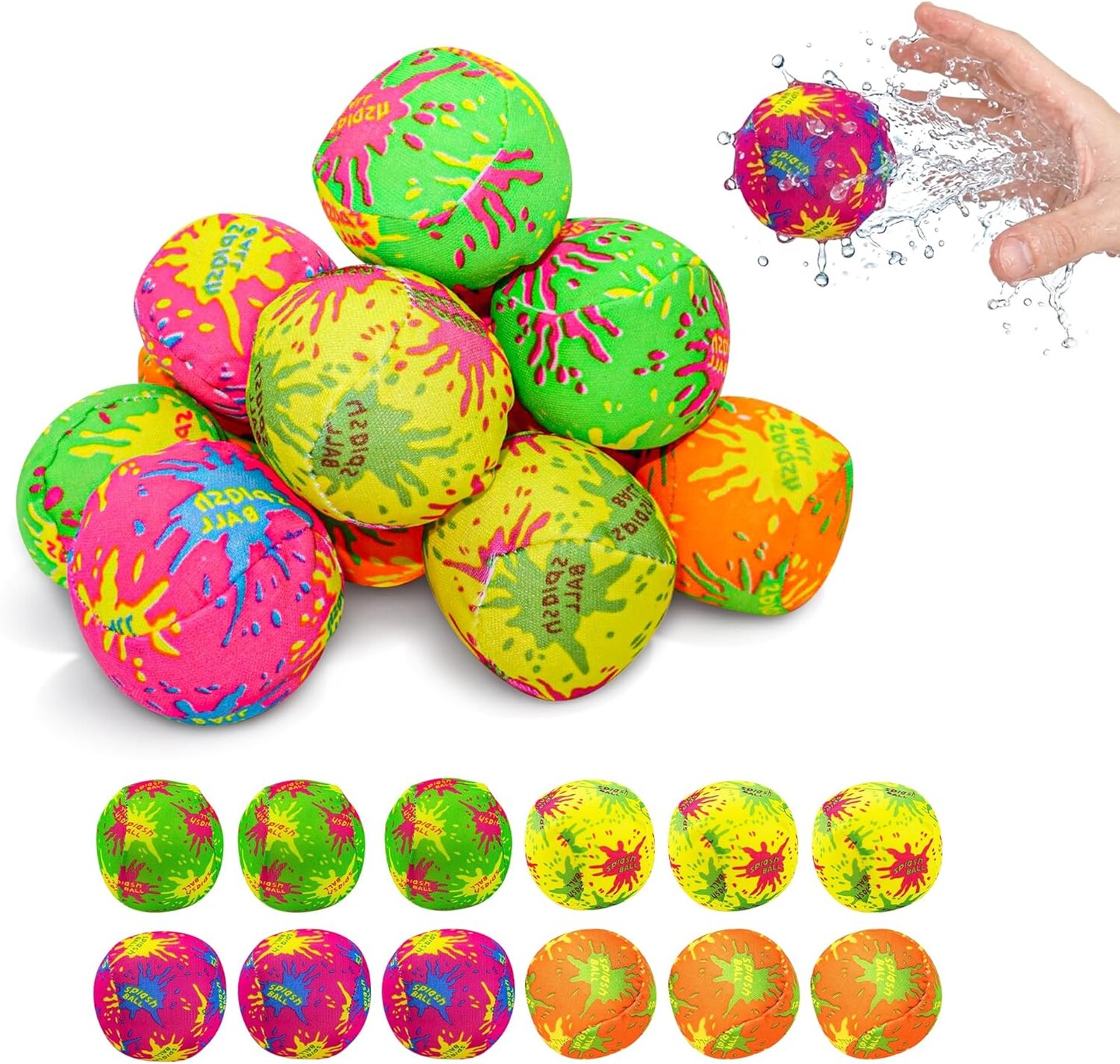 4E's Novelty 12 Pack Water Bomb Splash Balls - 2" Mini Absorbent Sponge Balls for Pool Party Favors for Kids