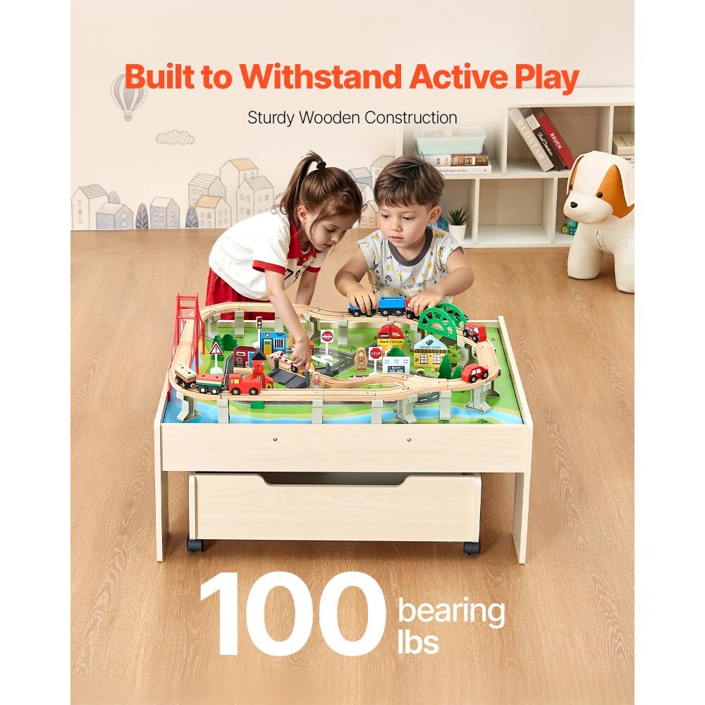 Kids Wooden Train Table with 100 Multicolor Pieces, Drawer Storage