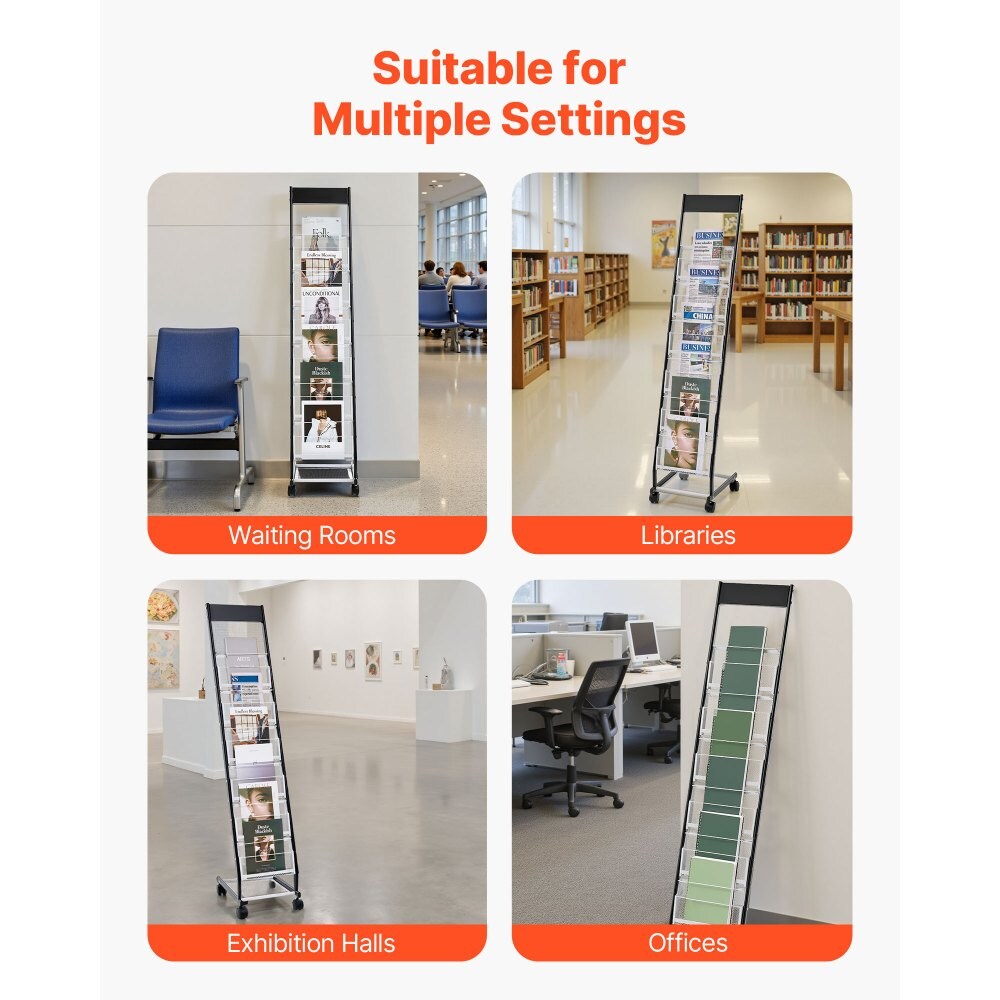 6-Tier Brochure Display Rack with Wheels, Metal Floor Standing Magazine Stand