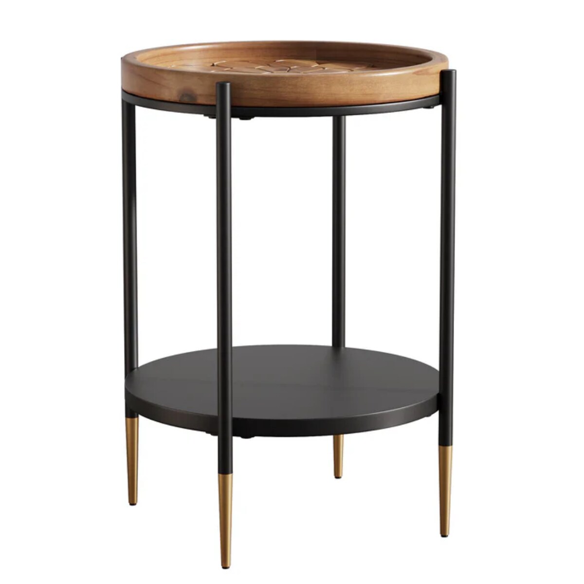 Rustic Brown-Black Wood and Metal Round Side Table with 2 Shelves