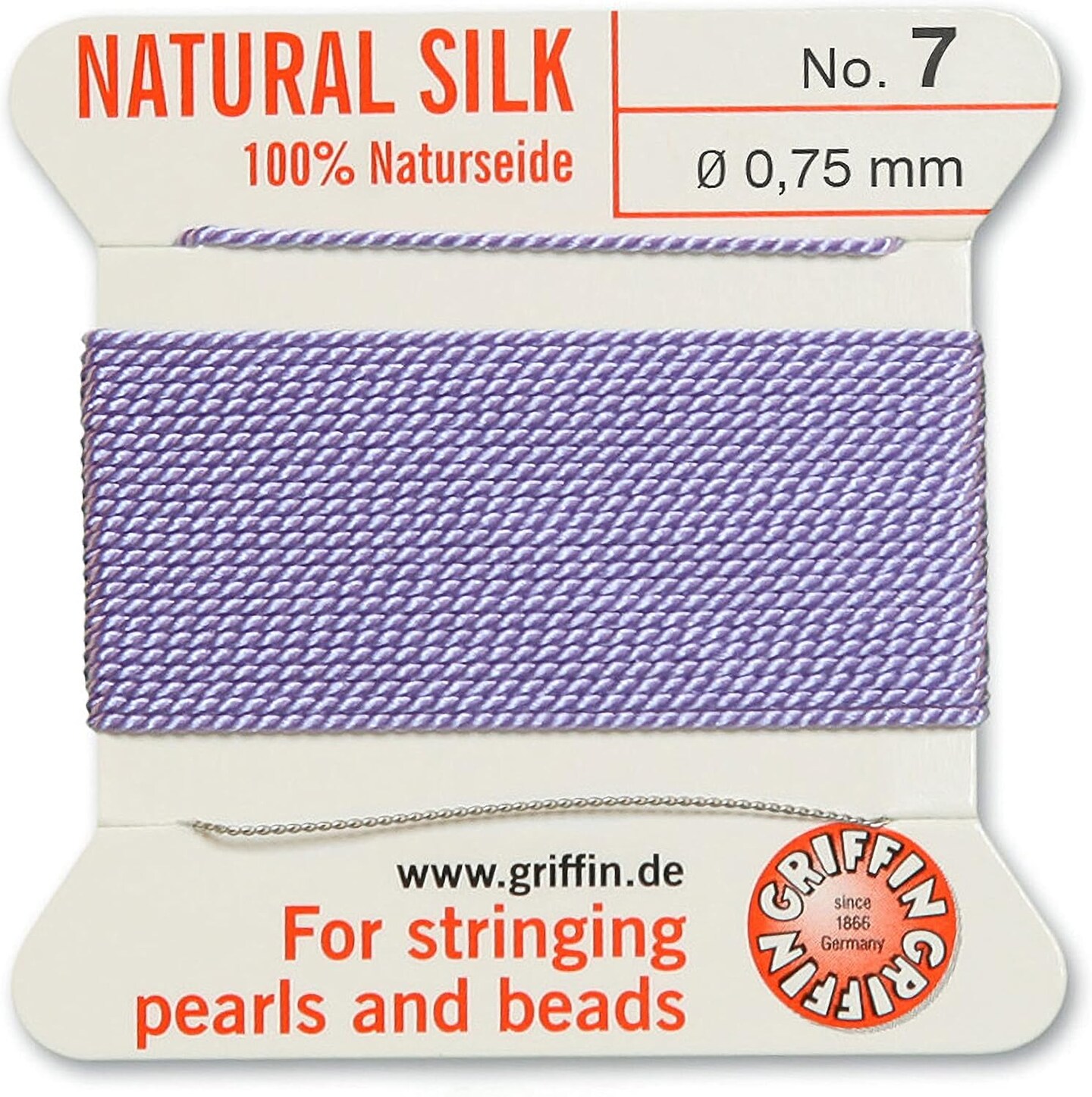 Griffin Silk Bead Cord Perlseide – Size 7 (0.75mm) – 2 Meters per Card – Stainless Steel Needle Attached – for Knotting Pearls, Gemstones, Crystals and Beads