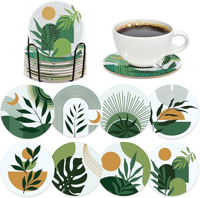 Boho Diamond Art Coasters - 8 Pcs DIY Green Plant Diamond Painting Coasters Kits with Holder for Drinks Coffee Aesthetic Gem Art Crafts Supplies Birthday Easter Gift for Beginners Adults