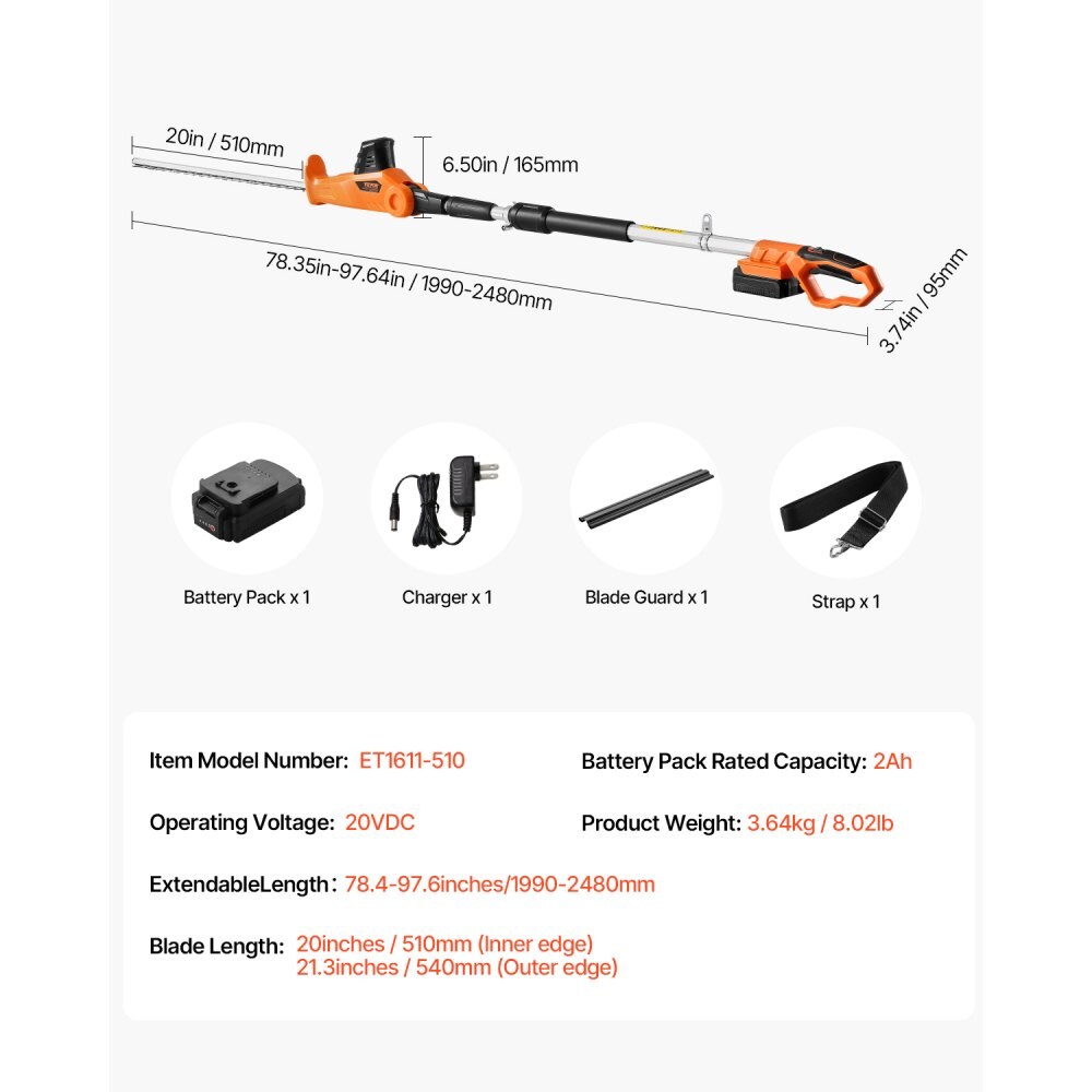 Cordless Pole Hedge Trimmer 20V 20 in Telescopic Electric Hedge Trimmer
