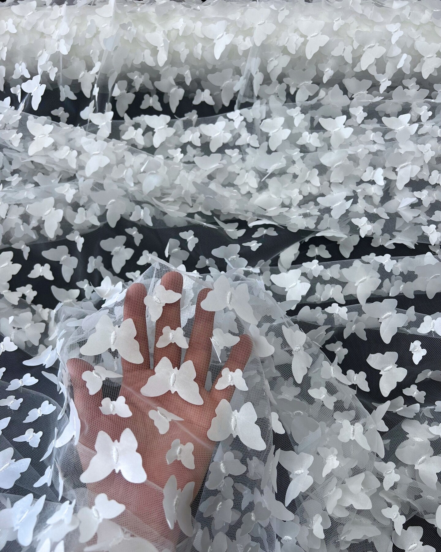 White 3D Butterfly Nylon Tulle Fabric by the Yard, 63" Wide Soft Stretch Mesh Fabric for Veils, Wedding Dresses, Decor & Sewing