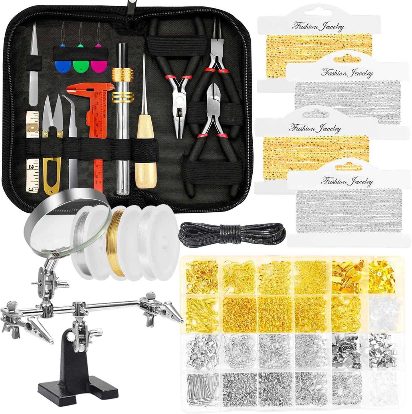 Complete Jewelry Making Supplies Kit – 1900+ Pieces with Jewelry Tools, Findings, Chains, Wires & Adjustable Magnifier | DIY Jewelry Repair & Craft Kit with Carry Bag