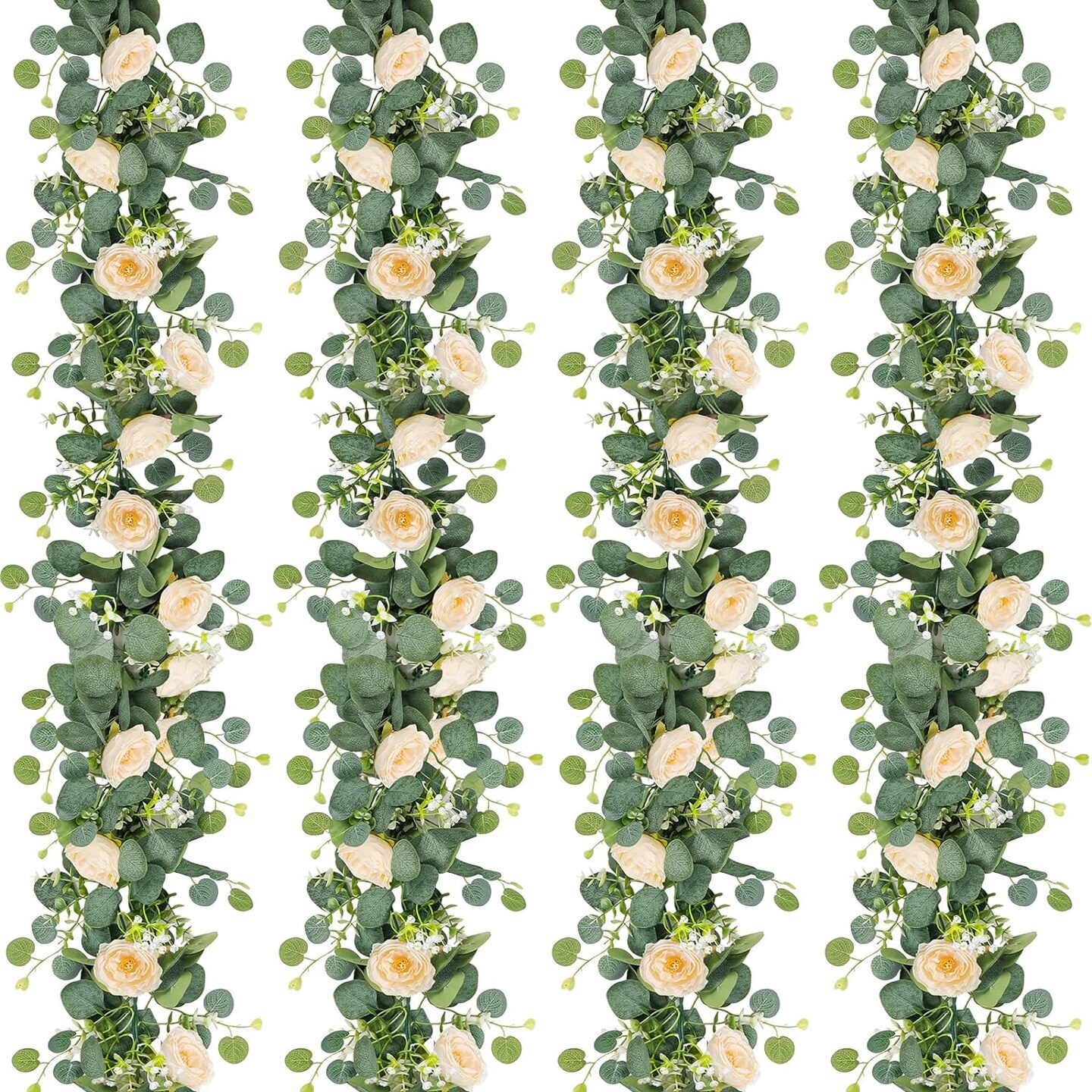 4 Pack 24 ft Spring Floral Garland – Artificial Champagne Roses, Gypsophila & Eucalyptus Vine for Wedding, Home, Party, Table Runner & Seasonal Decor