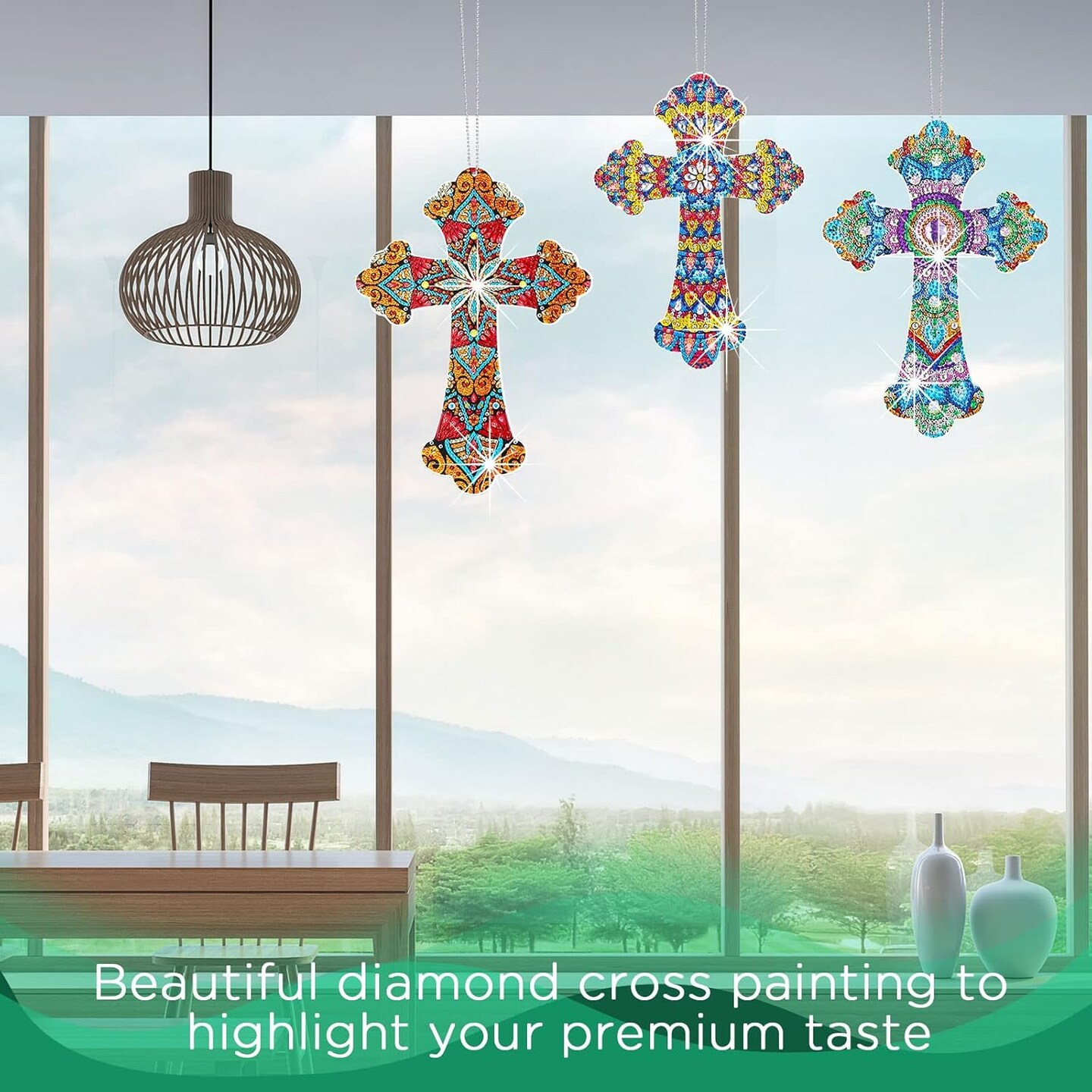 3 Pcs Cross Diamond Art Painting Hanging Kit for Adult DIY 5d Crystal by Number Mandala Cross Rhinestone Pendant Acrylic Mosaic Wall Ornament Gift for Valentine Easter Religious Christians